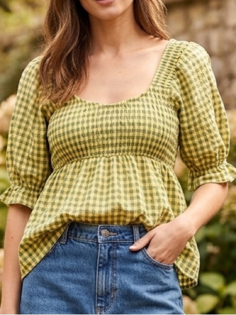 NWT DAVI & DANI Yellow-Green Gingham Scoop Neck Peplum Top